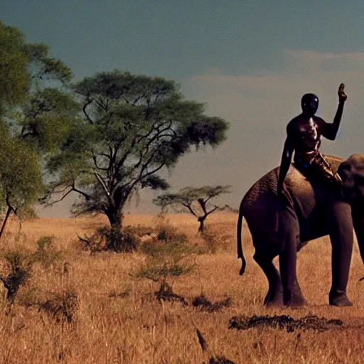 Prompt: film matrix ( 1 9 9 9 ) film still of shot of an tribal african man riding an elephant alone on the savannah, extreme long shot, 4 k, award winning