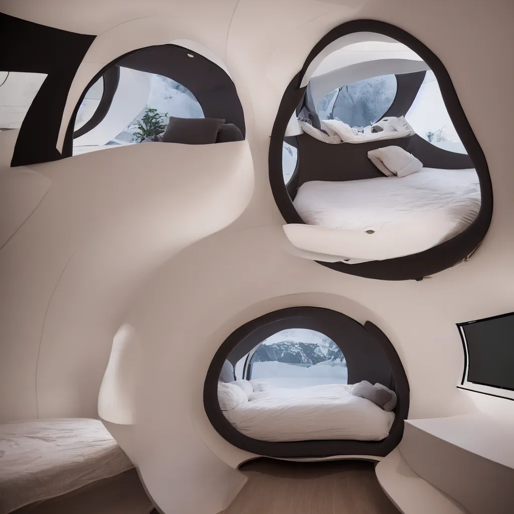 Image similar to inside cozy luxurious curved sleep-pod with wall to wall padding and sound system, XF IQ4, 150MP, 50mm, F1.4, ISO 200, 1/160s, dawn