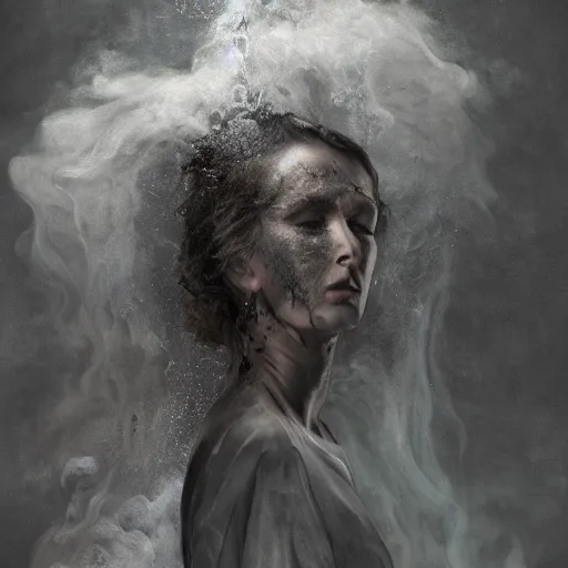 Prompt: hyperrealism fluid smoke art splash melt ghost woman representing memories from long ago hd 8 k by gustave dore and michaelangelo