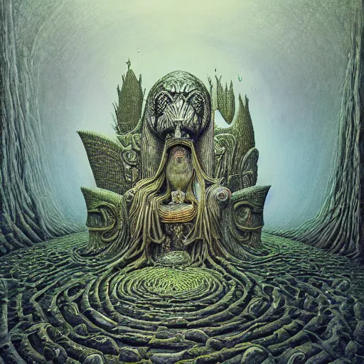 Prompt: HER THRONE by jacek yerka, alex gray, zdzisław beksiński, dariusz zawadzki, jeffrey smith and h.r. giger, oil on canvas, 8k highly professionally detailed, trending on artstation