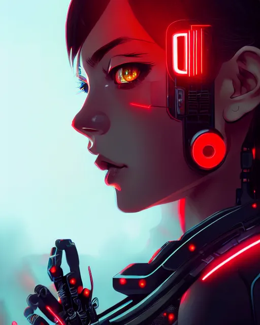 Image similar to a detailed potrait of a cyberpunk cyborg girl with black and red parts, perfect face, realistic shaded perfect face, detailed. night setting. very anime style. realistic shaded lighting poster by ilya kuvshinov katsuhiro, unreal engine, global illumination, radiant light, detailed and intricate environment