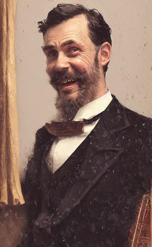 Prompt: portrait of a happy victorian gentleman in front of a bookcase, male, cheerful, detailed face, 19th century, highly detailed, cinematic lighting, digital art painting by greg rutkowski