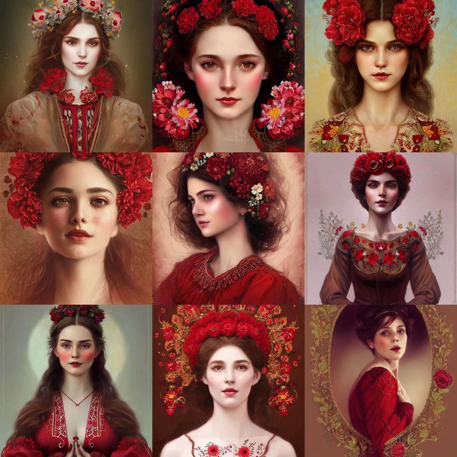 Prompt: brown haired lady in red embroidered shirt, ukrainian national costume, filigree crown with textile embroidery flowers, 🌸 🌼 💮, beautiful, playful smile, detailed portrait, intricate complexity, matte painting in the style of charlie bowater, tom bagshaw, greg rutkowski