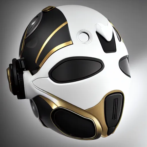 Image similar to centered robot helm black white and gold, anthem, warframe, octane render