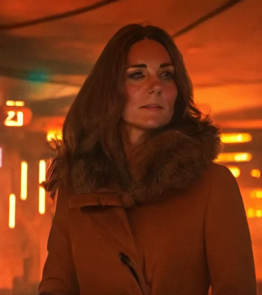 Image similar to a pov shot, color cinema film still kate middleton in blade runner 2 0 4 9, cinematic lighting at night.