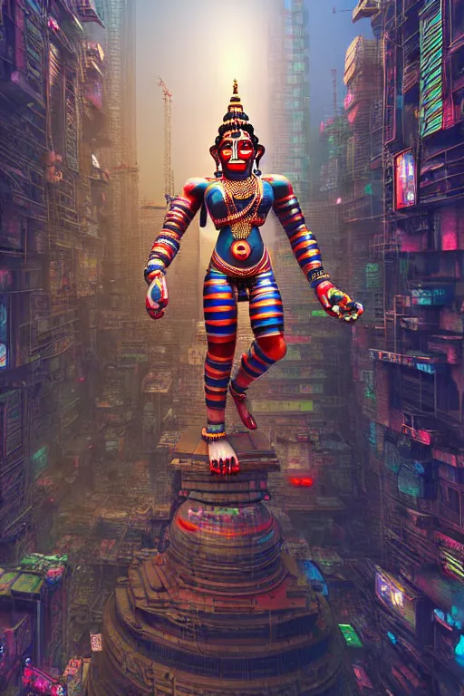 Prompt: high quality 3 d render very cute cyborg!! hanuman! madhubani, highly detailed, cyberpunk mumbai in the background, unreal engine cinematic smooth, in the style of solaris, hannah yata charlie immer, moody light, low angle, uhd 8 k, sharp focus