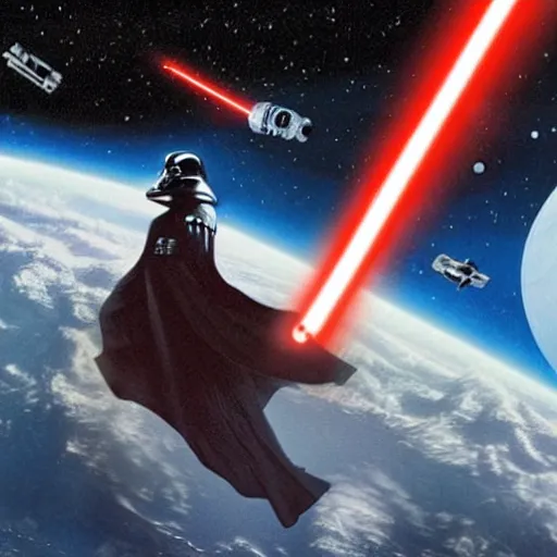 Prompt: Photo of Darth Vader wielding a lightsaber while riding a giant cat in space.