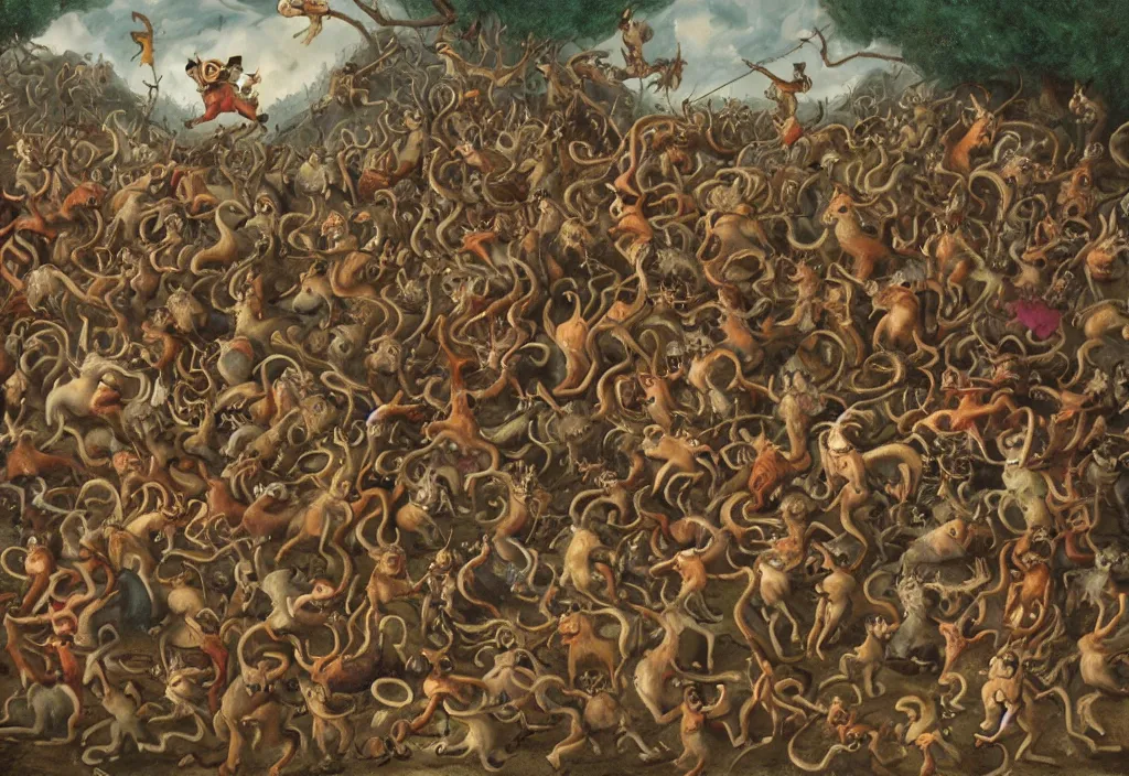 Image similar to a painting of the squirrel king fighting a vast horde of demons