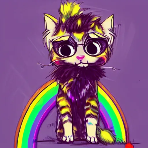 Image similar to wide angle full body, jacket wearing fluffy cute rainbow kitten wearing a black leather motorcycle jacket, concept art