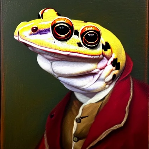 Image similar to a head and shoulders portrait painting of an anthropomorphic!!!!!!!!!! amazon milk frog!!!!!!!!!! wearing a colonial!!!!!!!!!! outfit without a hat looking off camera, a character portrait, romanticism, oil on canvas, visible brushstrokes, intense colors