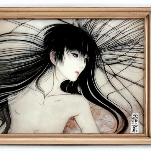 Image similar to yoshitaka amano blurred and dreamy realistic illustration of a japanese woman with black eyes, wavy white hair fluttering in the wind wearing elden ring armor with engraving, abstract patterns in the background, satoshi kon anime, noisy film grain effect, highly detailed, renaissance oil painting, weird portrait angle, blurred lost edges, three quarter view