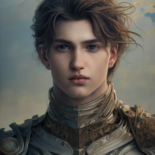 Image similar to portrait painting of a young melancholic man with a soft face and short light blonde hair wearing armor, ultra realistic, concept art, intricate details, eerie, highly detailed, photorealistic, octane render, 8 k, unreal engine. art by artgerm and greg rutkowski and charlie bowater and magali villeneuve and alphonse mucha