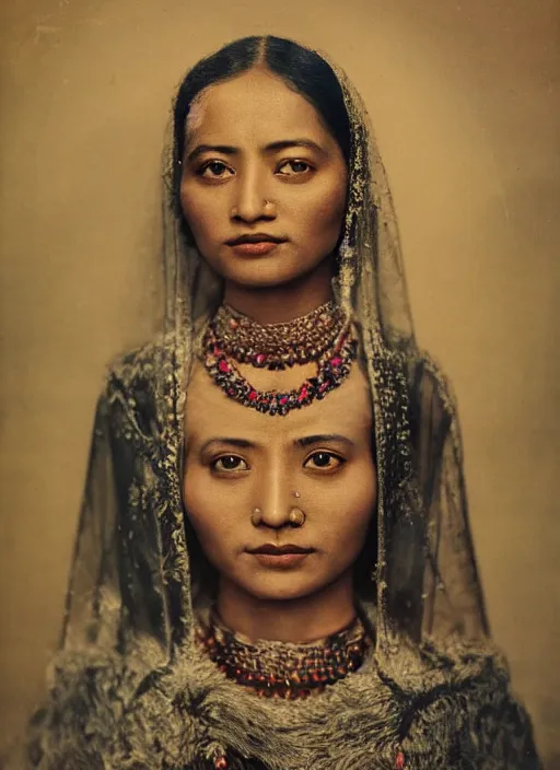 Image similar to hyper realistic and detailed vintage portrait photo of a beautiful beautifully lit nepalese Victorian woman with stunning reflective eyes in a himalayan valley by annie leibovitz