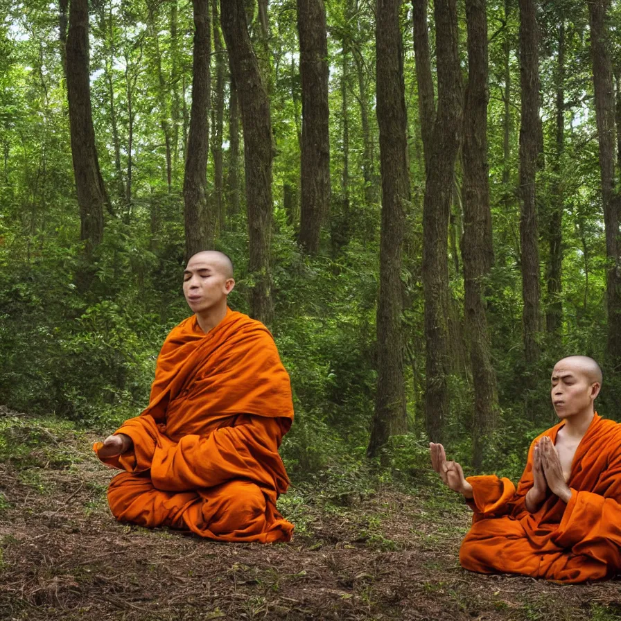 Prompt: a technobudist monk with a high-tech headset meditating in a forest