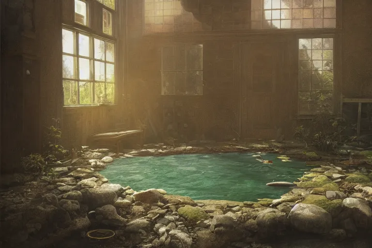 Prompt: the interior of an old abandoned house, a small pond in the center of the house. koi fish swim in the pond. golden rays of sunlight enter through the window., digital art, trending on artstation, matte painting, concept art, drawn by greg rutkowski, inspired by johannes vermeer, cold colors