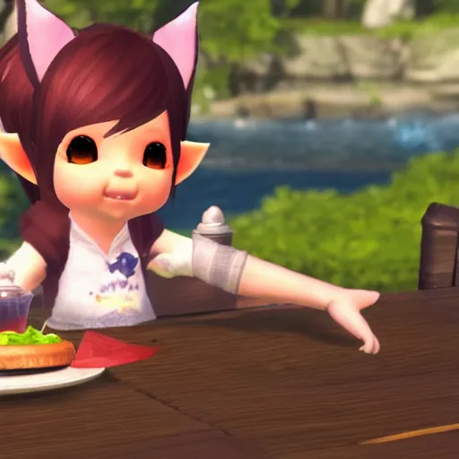 Image similar to a Lalafell eating a burger, FFXIV in-game