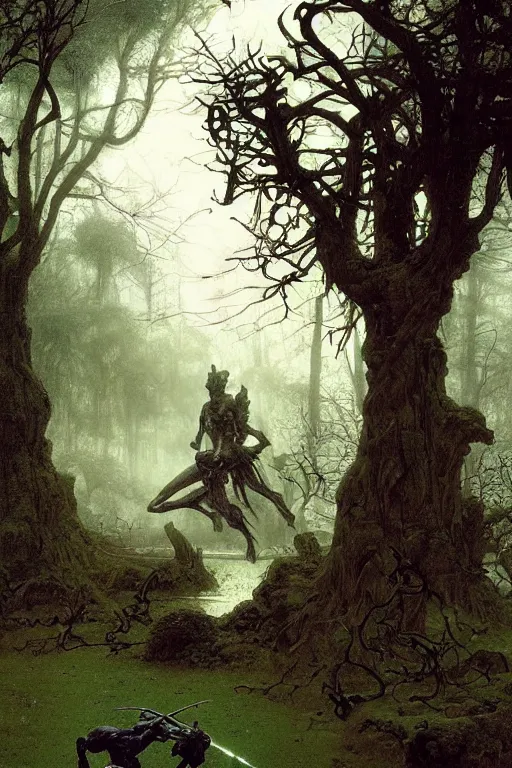 Image similar to the warrior god zeus walks in dark gardens beside a small pond, misty, stately home visible in distance through trees, greg staples, jack kirby, boris vallejo, ruan jia, lawrence alma tadema, zdzislaw beksinski, carl spitzweg, everett raymond kinstler, norman rockwell