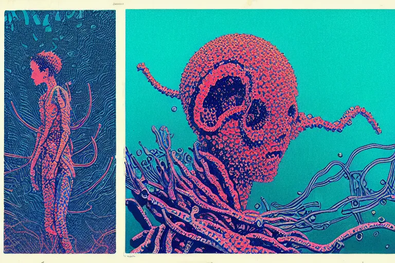 Image similar to risograph grainy drawing vintage sci - fi, satoshi kon color palette, gigantic gundam full - body covered in iridescent dead coral reef 1 9 6 0, kodak, with lot tentacles, natural blue - green colors, codex seraphinianus painting by moebius and satoshi kon and dirk dzimirsky close - up portrait