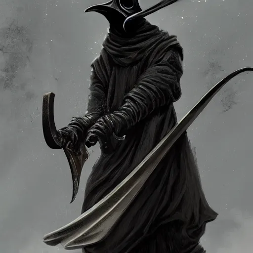 Image similar to plague doctor holding a huge scythe, plague doctor mask, monster design, fantasy. illustration, hyperdetailed, artstation, cgsociety, 8 k