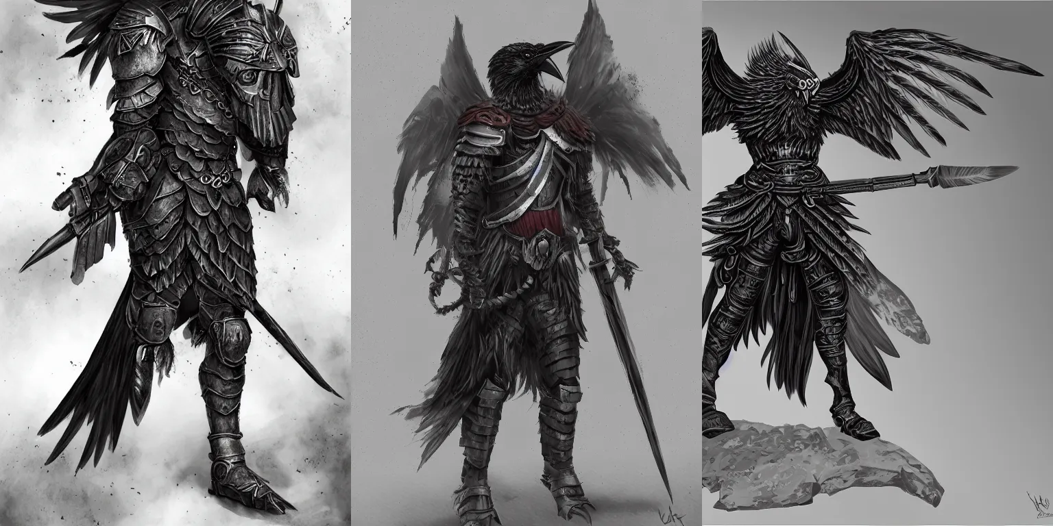 Prompt: crow warrior in heavy armor. black wings. digital painting, hd, detailed.