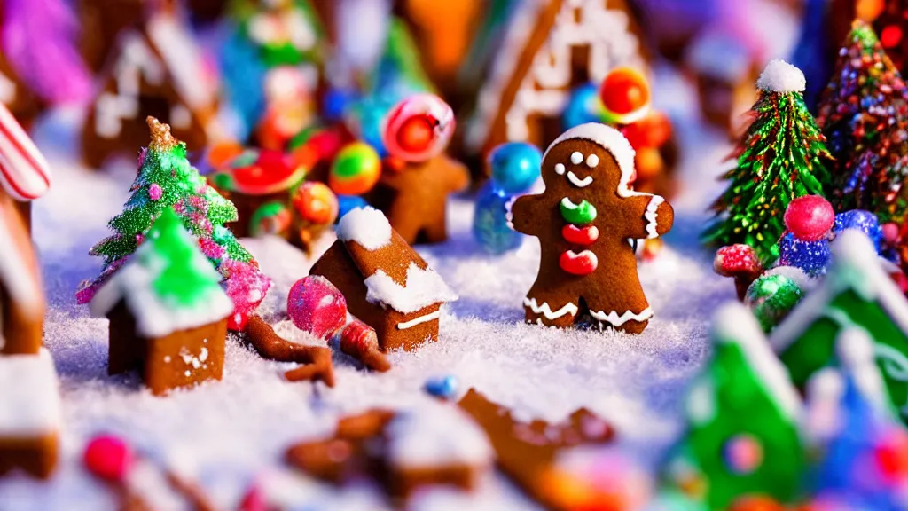 Prompt: closeup of miniature gingerbread candy village, colorful, fantasy, fairytale, forest, halloween, snow, bokeh, depth of field 1 0 0 mm, cinematic scene, studio quality, unreal engine, octane render, trending on artstation, artgerm, cgsociety