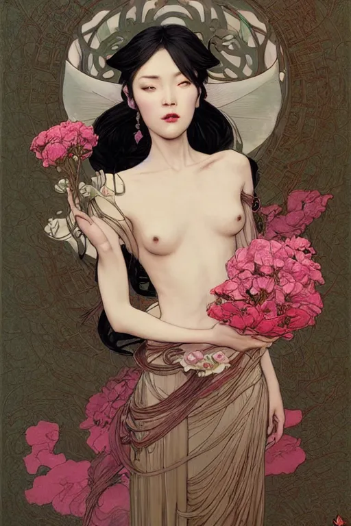 Prompt: full length portrait of a beautiful mysterious chinese fairy holding bouquet of flowers by eve ventrue, michael carson, andreas rochas, john watkiss, casey weldon, artgerm. art nouveau. tarot card by mucha. gloomhaven. swirly intricate linework background. gaudy colors, sharp edges. octane render