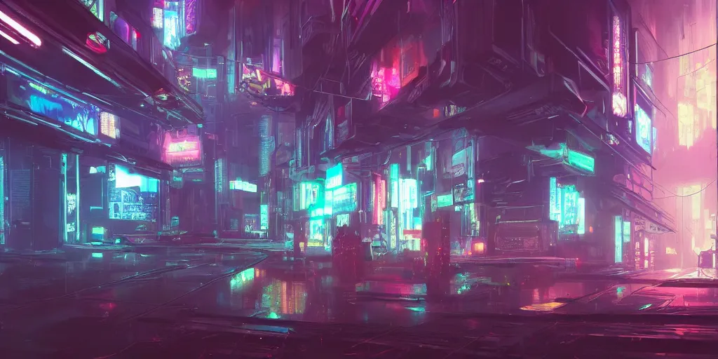 Image similar to cyberpunk atmosphere, very strange, with neons, digital painting, 8 k, by alleyway wookun, eddie mendoza, and john kearney