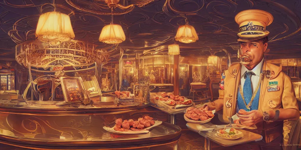 Image similar to Intricate detailed illustration, A carnival cruise ship captain with sausages for fingers, cinematic lighting, by Philip Hood, wide angle, volumetric light scattering, 8k, artstation, concept art,