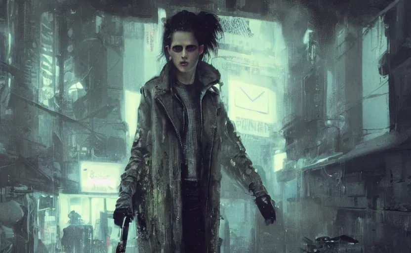 Image similar to detailed film still of portrait neon operator lady kristen stewart in the movie blade runner, messy ponytail, cyberpunk futuristic, neon, reflective puffy coat, decorated with traditional japanese by ismail inceoglu dragan bibin hans thoma greg rutkowski alexandros pyromallis nekro, illustrated, perfect face, fine details, realistic shaded, fine - face, pretty face