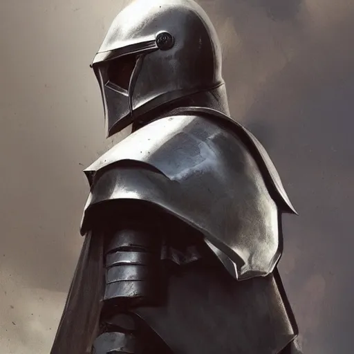 Image similar to man in crusader armor, helmet and white cape drawn by greg rutkowski realistic high detail