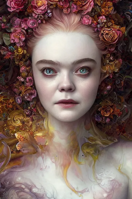 Image similar to closeup portrait shot of elle fanning as delirium of the endless, the sandman, the fairy queen, floral growth, thick fancy makeup, highly detailed, digital painting, artstation, concept art, soft focus, depth of field, artgerm, tomasz alen kopera, peter mohrbacher, donato giancola, wlop, boris vallejo