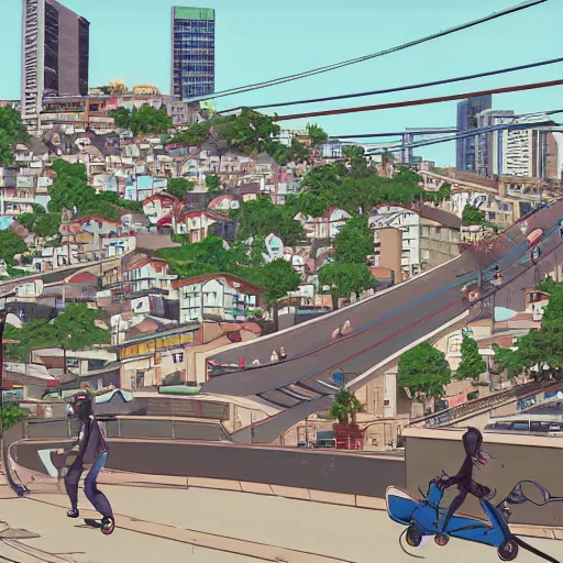 Image similar to city street, sloped street, city on tall hillside, street scene, rollerbladers grinding on rails, skaters, rollerskaters, cel - shading, 2 0 0 1 anime, flcl, jet set radio future, golden hour, japanese town, concentrated buildings, japanese neighborhood, electrical wires, cel - shaded, strong shadows, vivid hues, y 2 k aesthetic