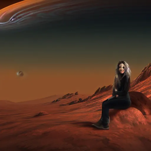 Image similar to High-detail still of a woman with gorgeously flowing hair on Mars, sitting on a Martian rock, smoking a cigarette, reddish atmosphere with detailed highlights, dark gloomy sky cascading upon the atmosphere, well-detailed ornate Martian mountains in the background, trending on artstation, 4k, 8k