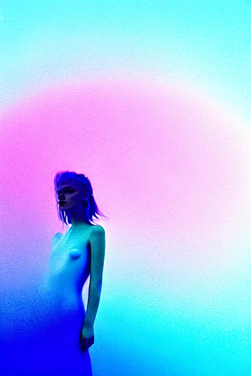 Image similar to high quality pastel coloured film close up wide angle photograph of a model wearing clothing swimming on cloud furniture in a icelandic black rock!! environment in a partially haze filled dreamstate world. three point light, rainbow. photographic production. art directed. pastel colours. volumetric clouds. pastel gradient overlay. waves glitch artefacts. extreme facial clarity. 8 k. filmic.