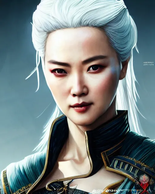 Image similar to Zhang Ziyi as Ciri from Witcher 3 by Artgerm and Greg Rutkowski, wearing haute couture by schiaparelli, sharp focus, sun rays, intricate, elegant, highly detailed, digital painting, masterpiece.