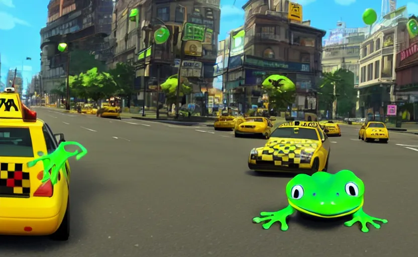 Image similar to ps 4 game about a cute frog driving a taxi, frog driving a taxi unreal 4 screenshot,