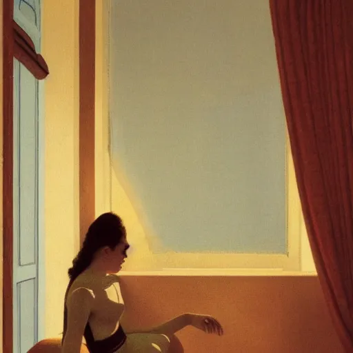 Image similar to a lonely girl in a liminal hotel room, baroque wallpaper, film still by wes anderson, depicted by balthus, limited color palette, very intricate, art nouveau, highly detailed, lights by hopper, soft pastel colors, minimalist