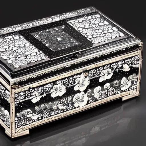 Prompt: a photo of a black jewellery box with intricate ultra detailed iridescent mother - of - pearl inlay on a black background photorealistic 8 k