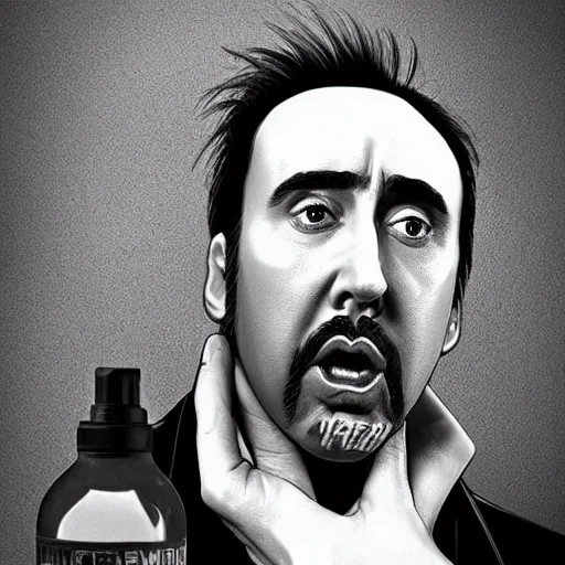 Prompt: Drinking from bottle liquid with face Nicolas Cage. Surrealism. Surreal drawing. Digital art, from artstation