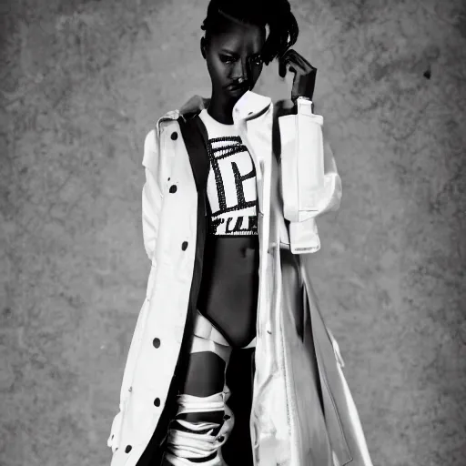 Prompt: black and white fashion photography of a poc model, wearing demobaza fashion, streetwear fashion, alien looking, complicated outfit, hiphop, futuristic fashion, photo 3 5 mm leica, hyperdetail, 8 k, very detailed