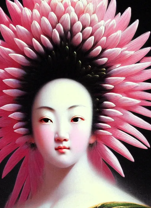 Prompt: stunning japanese godess, detailed pink and white protea head peace against a black backdrop by ivan aivazovsky, wlop, sharp details, photorealism, oil painting, beautiful soft lighting, muted colours, artstation