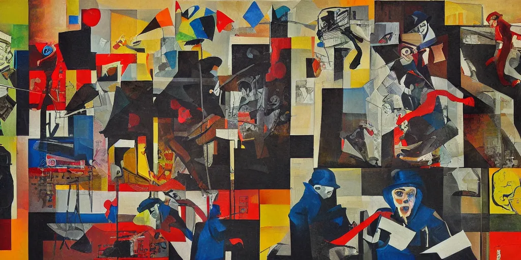 Prompt: bank robbery collage, acrylic on canvas, expressionism movement, breathtaking detailed, by blake neubert