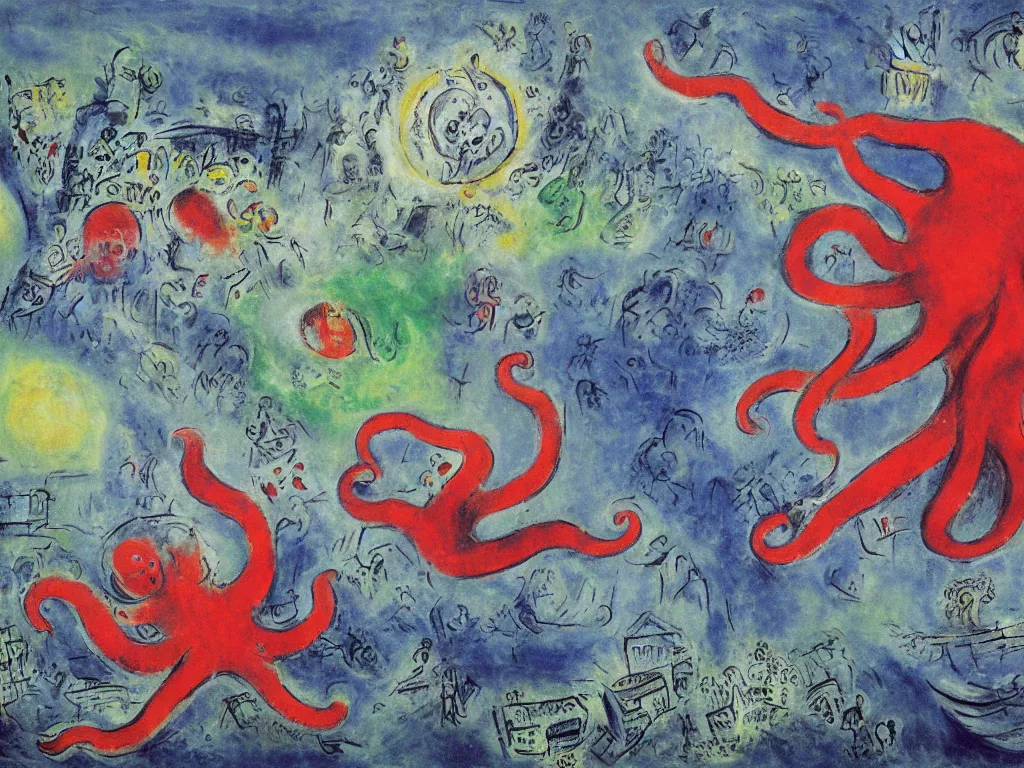 Image similar to giant octopus attacking London, painting by chagall, 4k