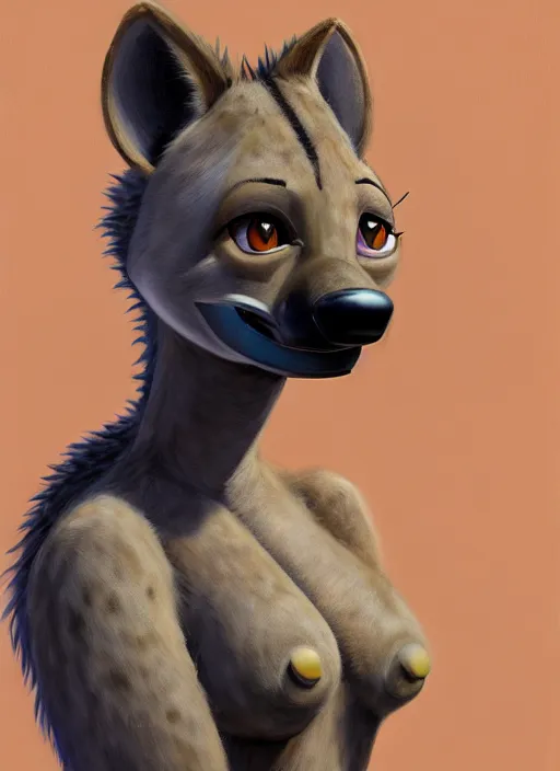 Image similar to oil painting detailed full body of anthromorphic female hyena, in style of zootopia, zootopia, zootopia, fursona, furry, furaffinity, 4 k, deviantart, furry art, fursona art, wearing black business suit, business suit, in style of zootopia, hyena fursona, cyberpunk, female, expressive, detailed feminine face,