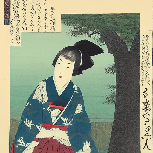 Image similar to a portrait of a character in a scenic environment by toyohara kunichika