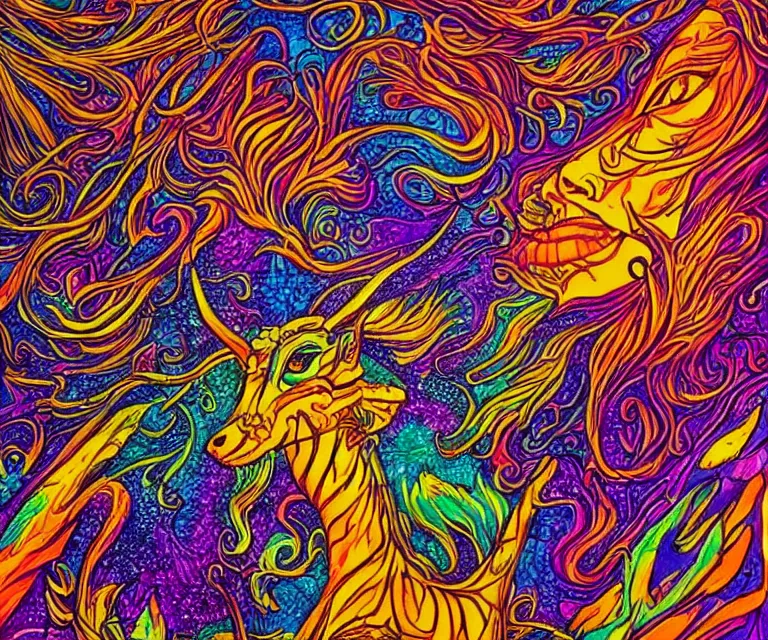 Image similar to the wildest dream, vivid colors, golden hour, psychedelic art, magical creatures, highly detailed, sharp lines