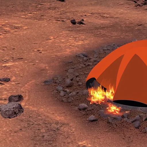 Prompt: campfire in a valley on mars inside of bubble habitat