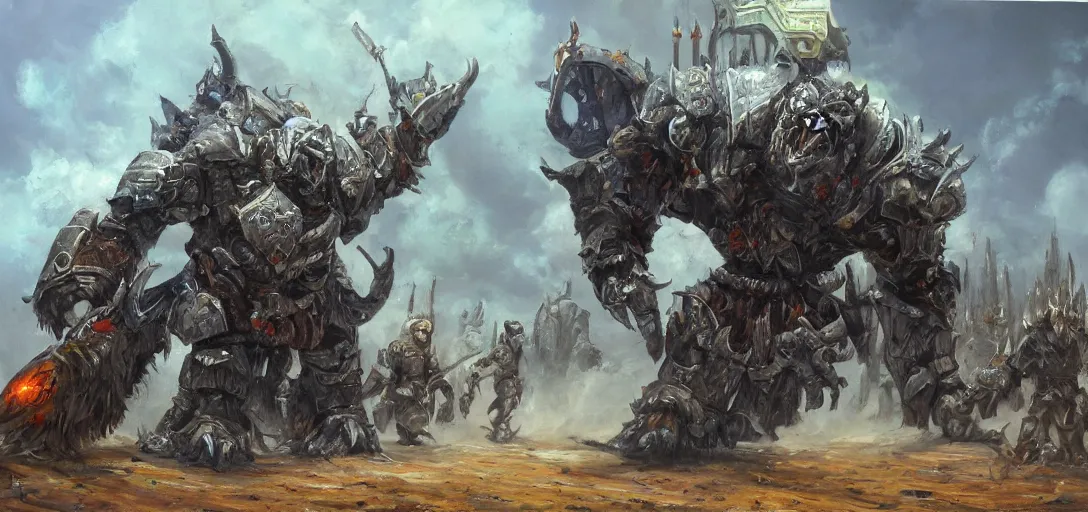 Prompt: oil painting of lone giant orc in futuristic armor roars as it steps over it's fallen enemy's bodies, boris vallego