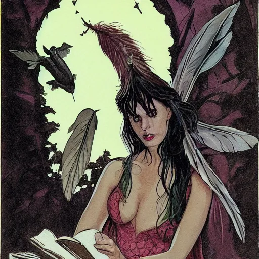 Prompt: youthful modest sad jennifer connelly as odile, gothic dark fae disney villain with black feathers instead of hair, sad, moulting, feathers growing out of skin, reading in library, pulp sci fi, mike mignola, david mack, romantic, comic book cover, vivid, beautiful, illustration, highly detailed, oil painting