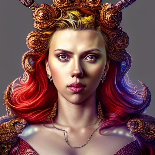 Prompt: studio portrait of scarlett johansson as colorful divine paladin, absurdly beautiful, elegant, sexy, super fine surreal detailed facial by kim jung gi, irakli nadar, intricate lines, clear focus, vivid colors, matte, octopath voyager, final fantasy, unreal engine, highly rendered, global illumination, radiant light, during a blood moon